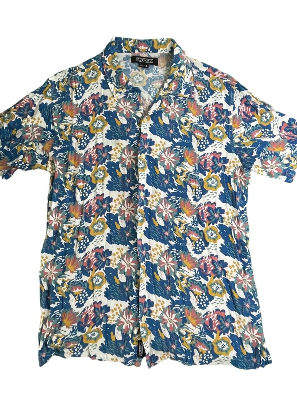 Ezekiel Mens Floral Button-Up Shirt Large White/Multicolor Casual Short Sleeve
